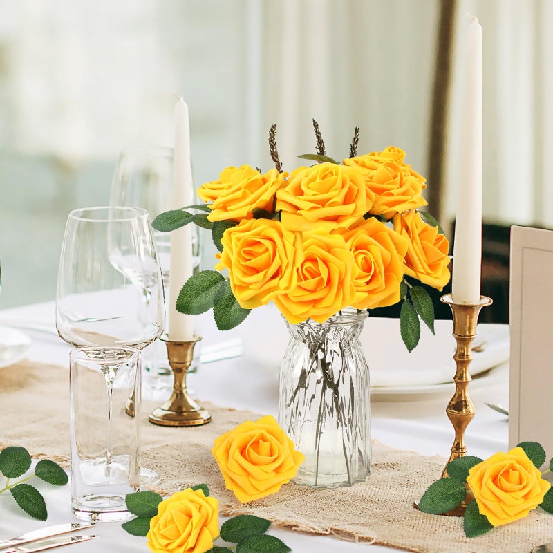 MACTING Artificial Yellow Flowers 30PCS Real Touch Fake Rose Flowers Soft Foam Roses with Stem for Floral Arrangement DIY Table Centerpieces Wedding Bouquet Party Holiday Spring Valentines Day Decor - Image 2